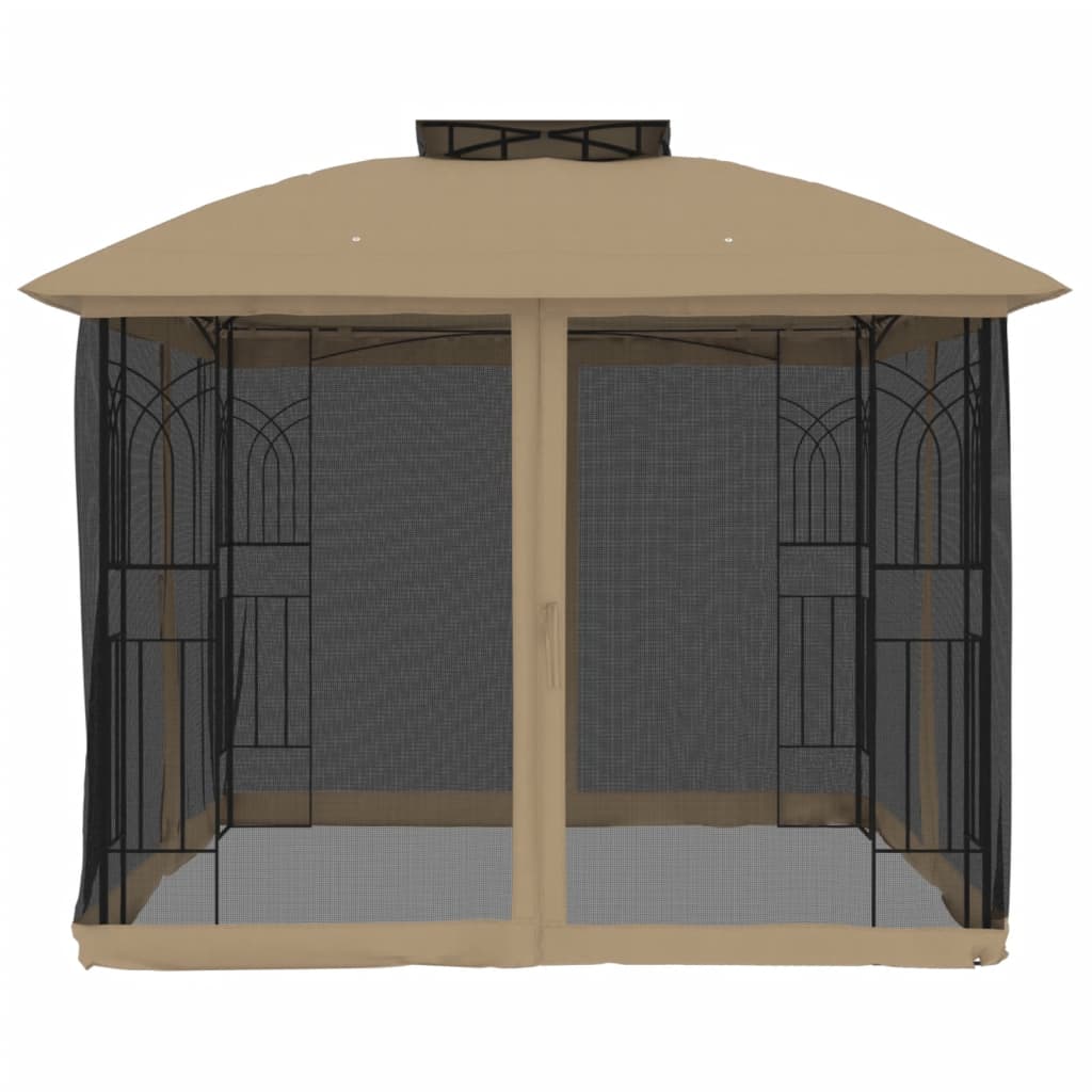 Gazebo con Tetto Doppio/Pareti Rete Tortora 2,94x2,94 m Acciaio