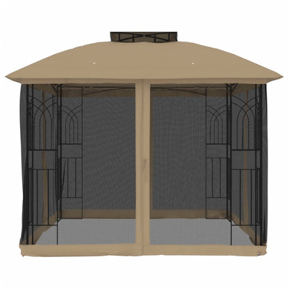 Gazebo con Tetto Doppio/Pareti Rete Tortora 2,94x2,94 m Acciaio
