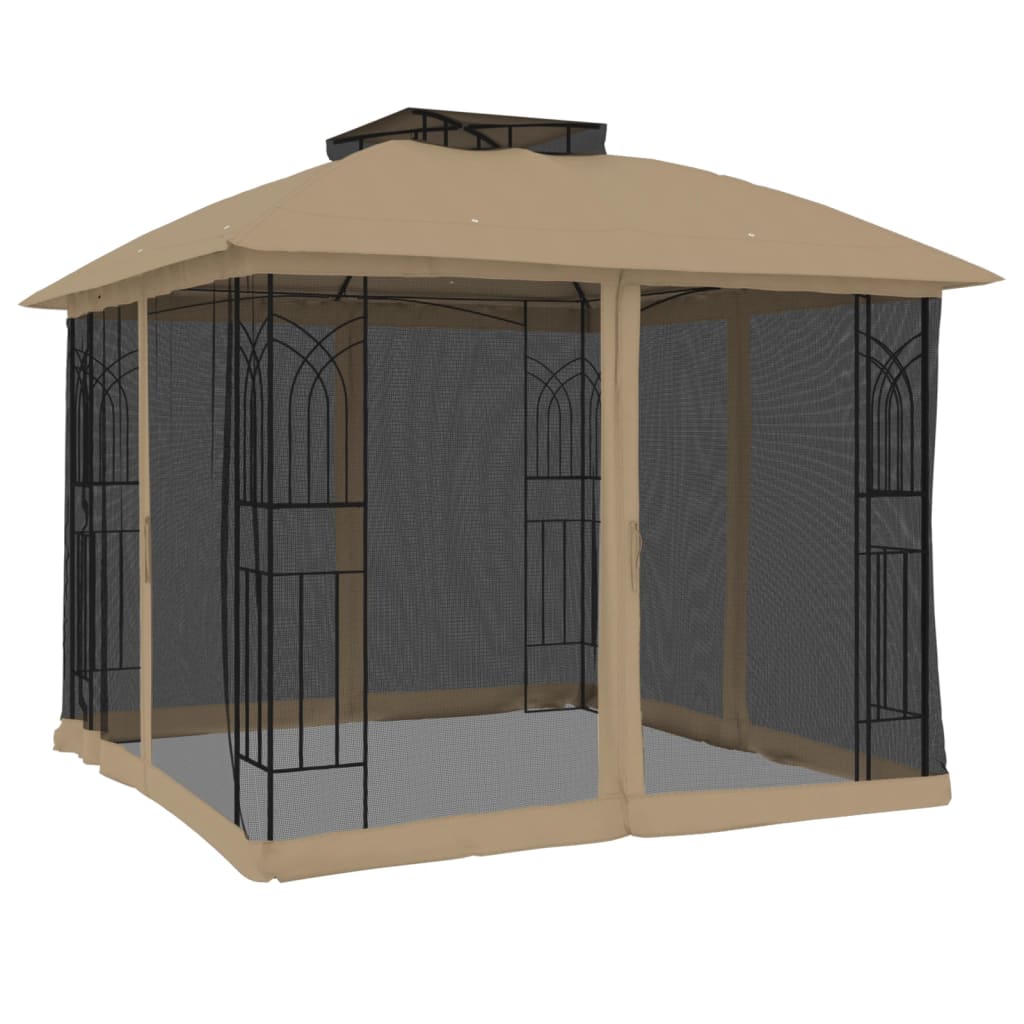 Gazebo con Tetto Doppio/Pareti Rete Tortora 2,94x2,94 m Acciaio | homemem39