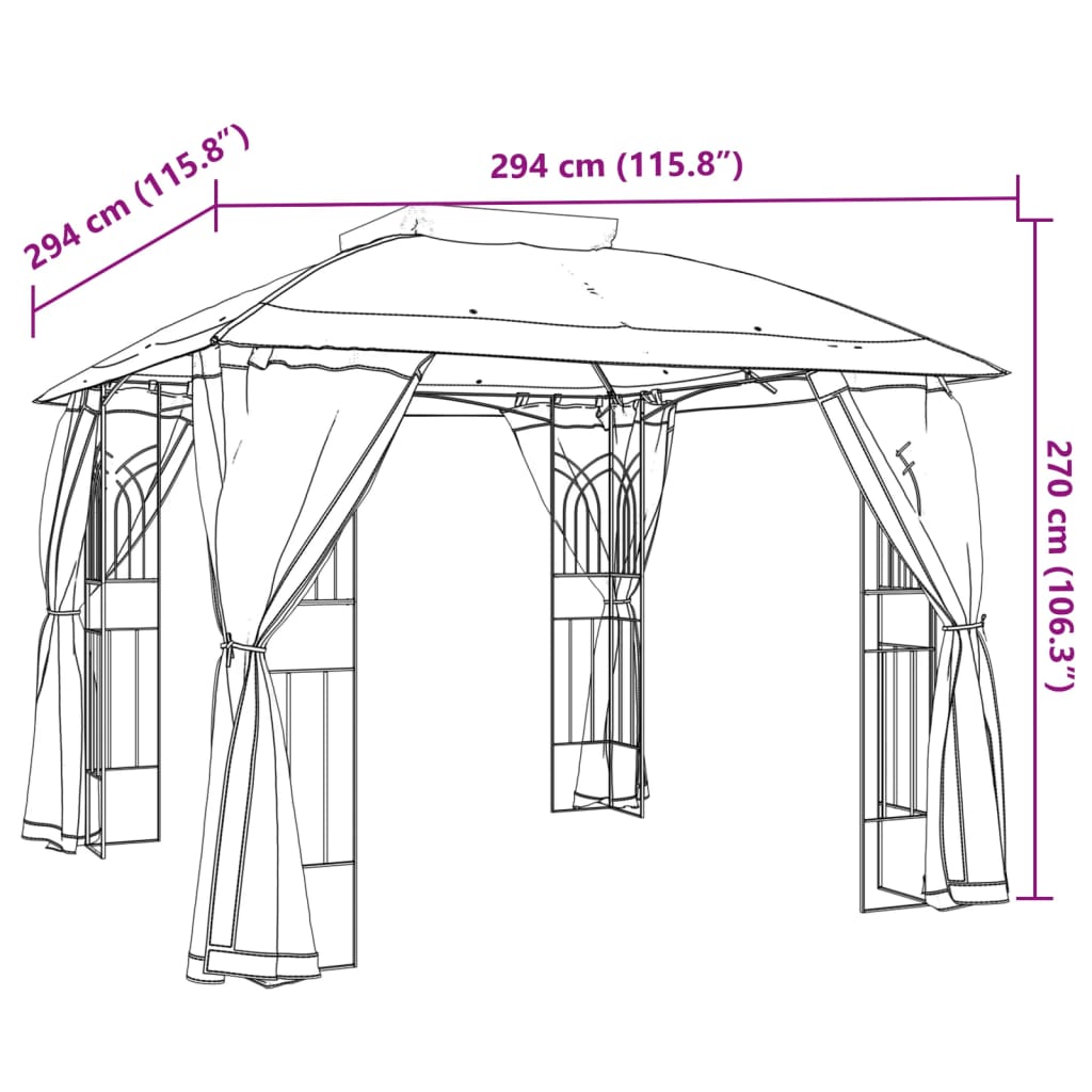 Gazebo con Tetto Doppio/Pareti Rete Tortora 2,94x2,94 m Acciaio | homemem39