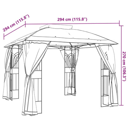 Gazebo con Tetto Doppio/Pareti Rete Tortora 2,94x2,94 m Acciaio