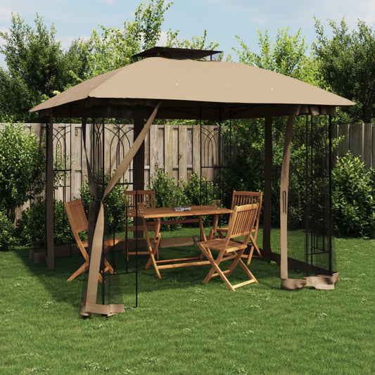 Gazebo con Tetto Doppio/Pareti Rete Tortora 2,94x2,94 m Acciaio | homemem39