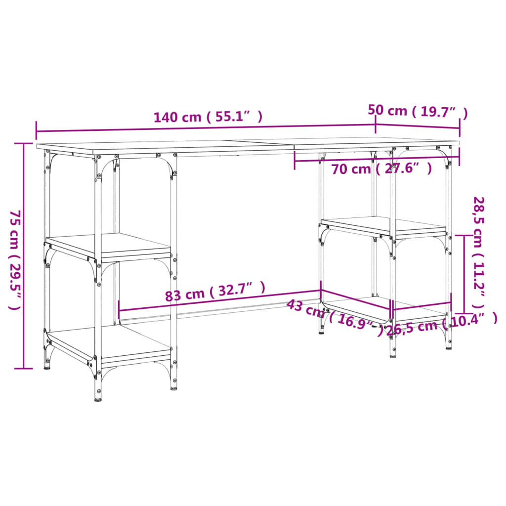 Scrivania Grigio Sonoma 140x50x75cm Metallo e Legno Multistrato