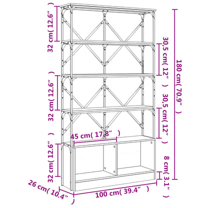 Libreria Nera 100x26x180 cm in Legno Multistrato e Metallo