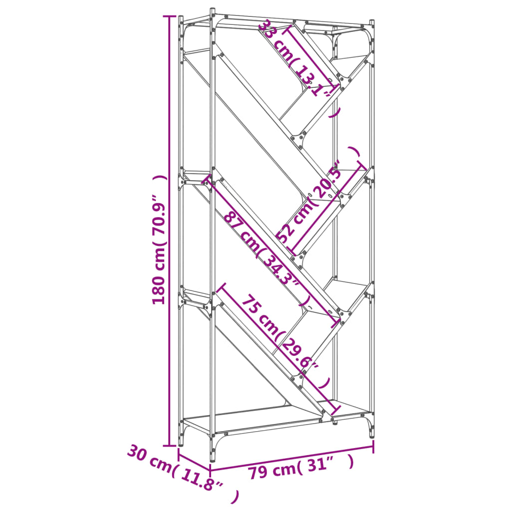 Libreria Nera 79x30x180 cm in Legno Multistrato e Metallo