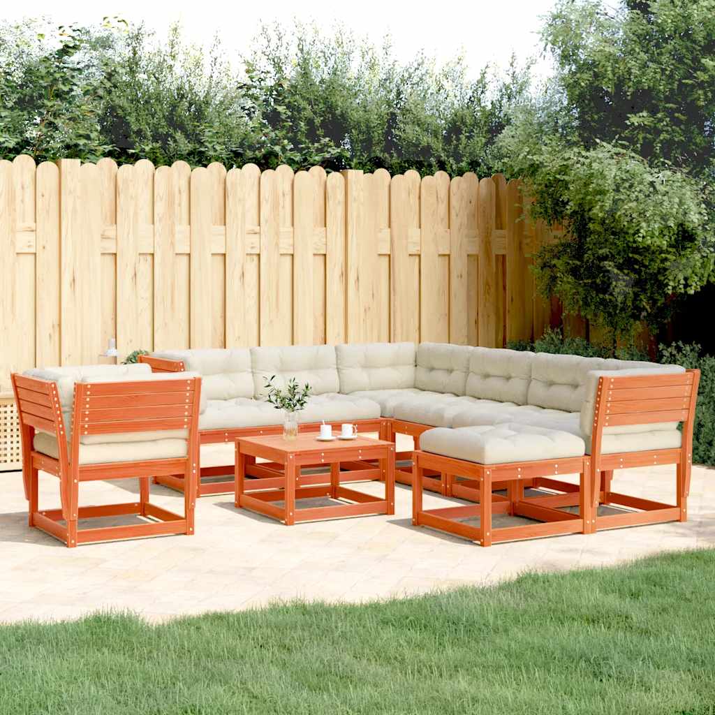 Set Salotto Giardino 8pz con Cuscini Marrone Cera Massello Pino | homemem39