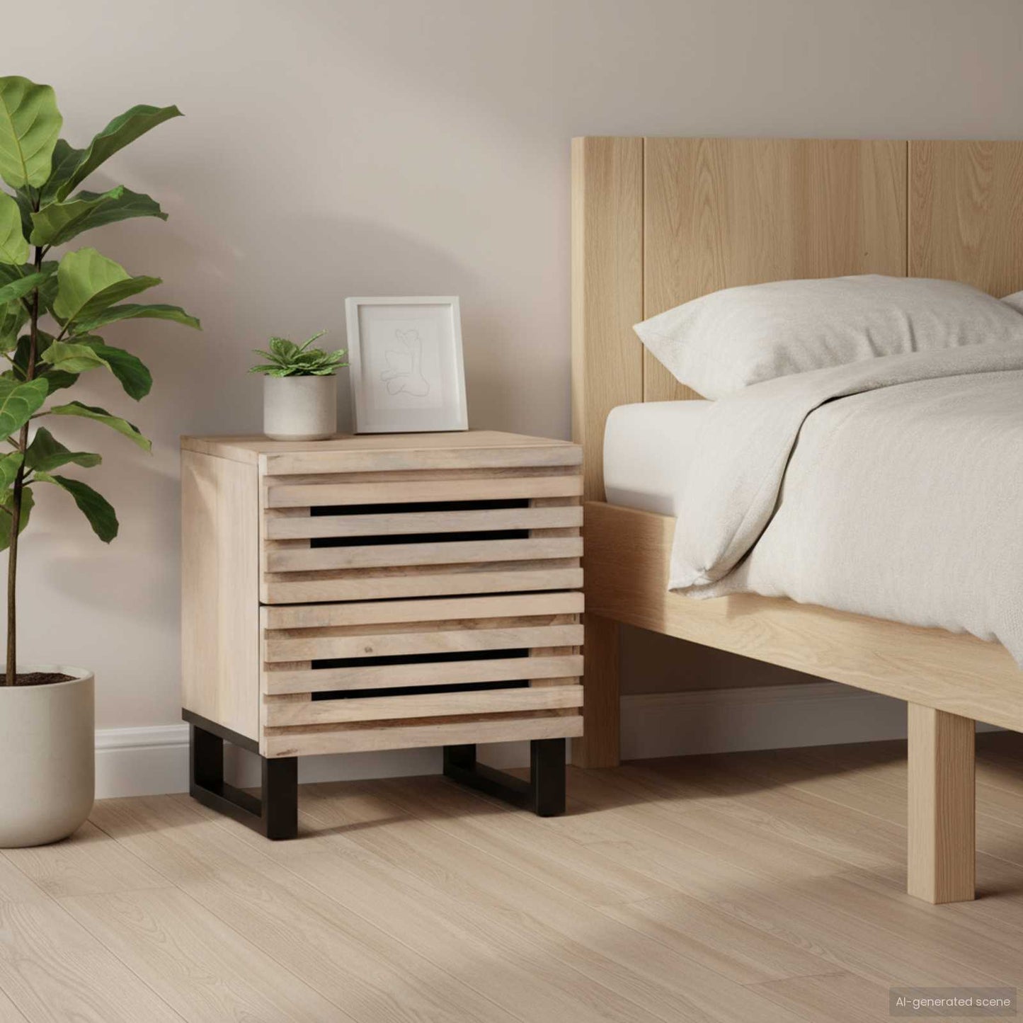 Comodino 40x34x46 cm in Legno Massello di Mango Sbiancato