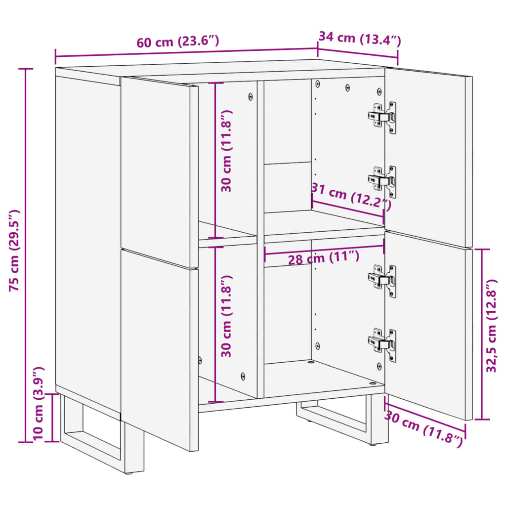Credenza 60x34x75 cm in Legno Massello di Mango