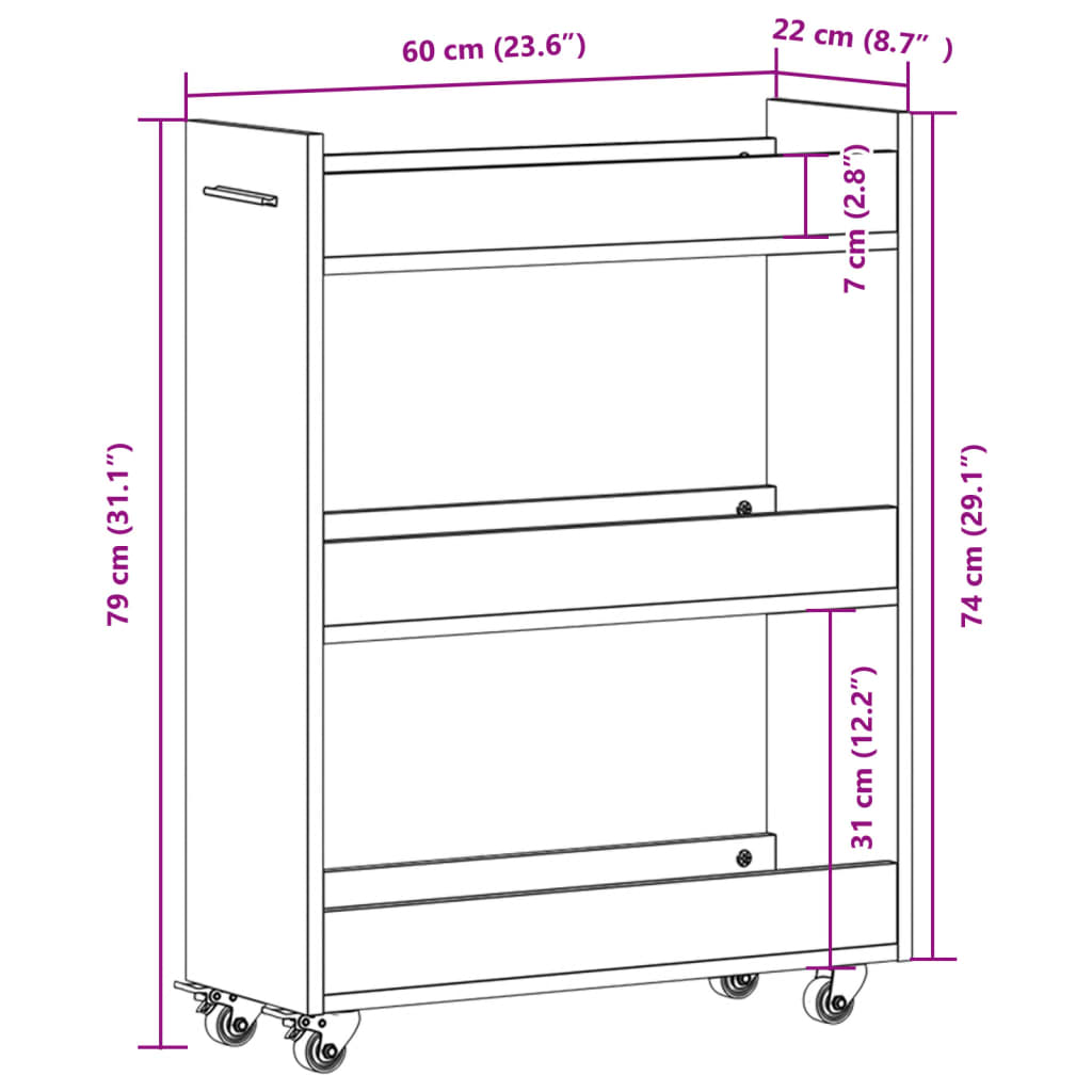 Mobile con Ruote Bianco 60x22x79 cm in Legno Multistrato