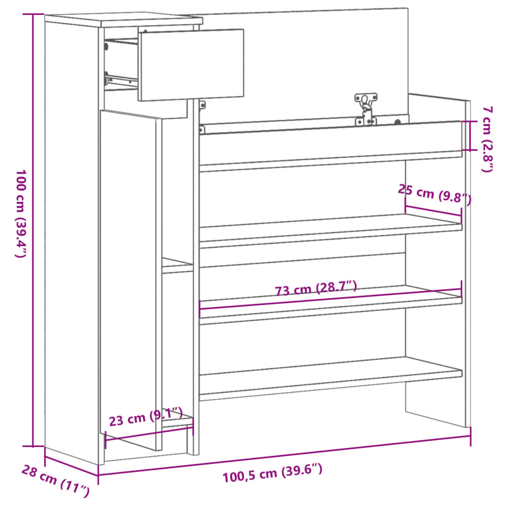 Scarpiera Grigio Sonoma 100,5x28x100 cm in Legno Multistrato