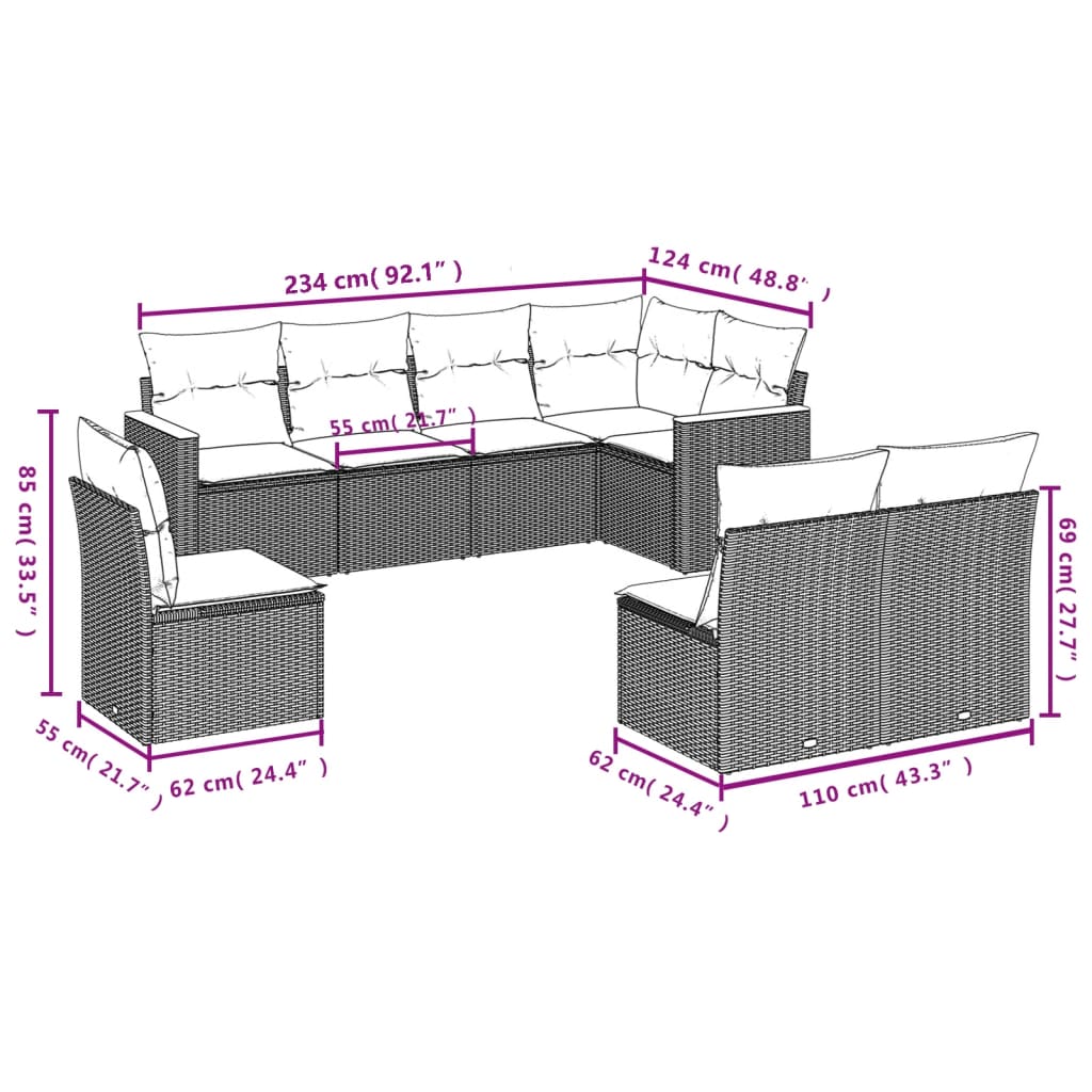 Set Divani da Giardino con Cuscini 8 pz Nero in Polyrattan | homemem39