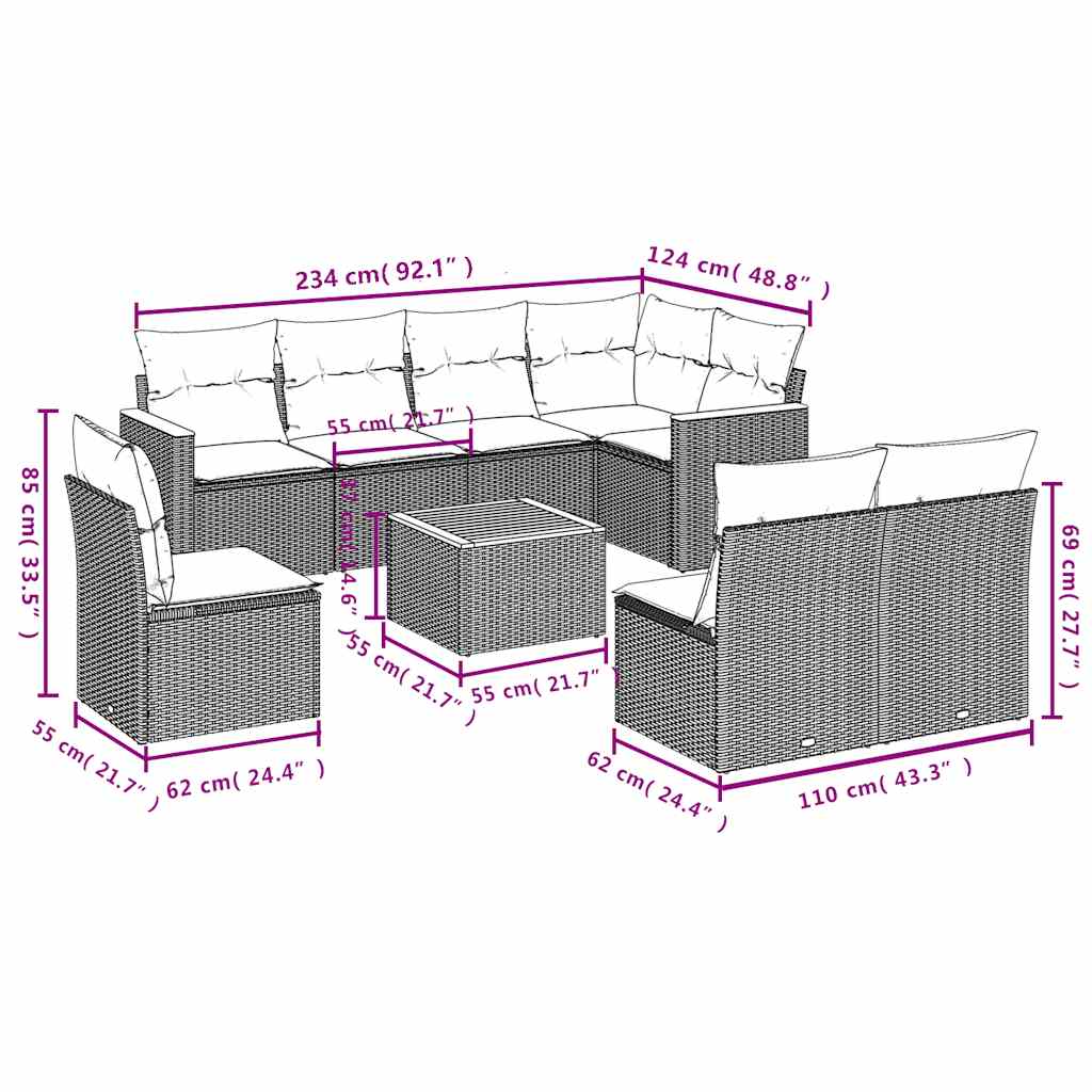 Set Divani da Giardino 9 pz con Cuscini Nero in Polyrattan | homemem39