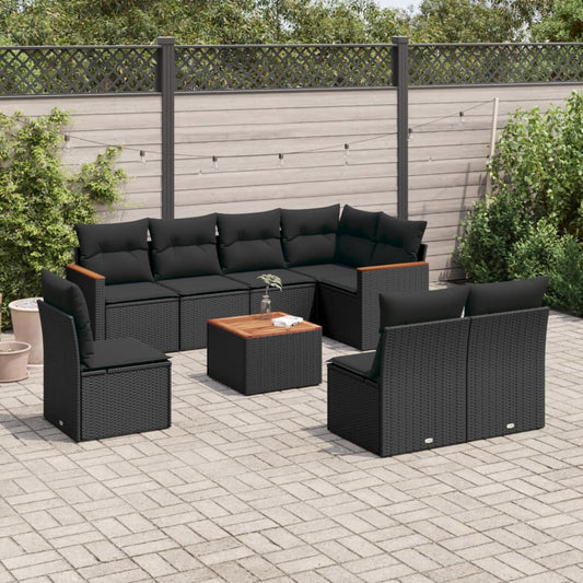 Set Divani da Giardino 9 pz con Cuscini Nero in Polyrattan - homemem39