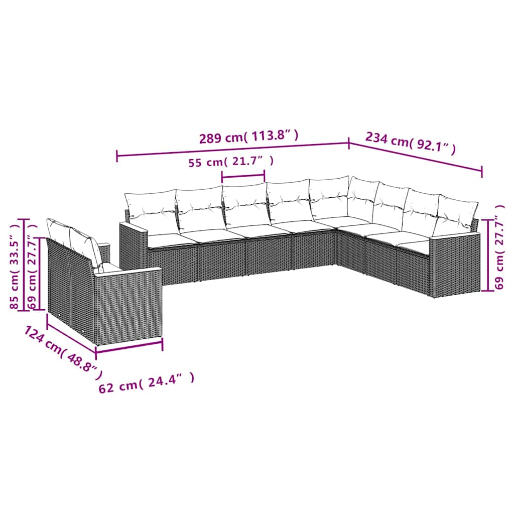 Set Divani da Giardino 10pz con Cuscini in Polyrattan Nero | homemem39