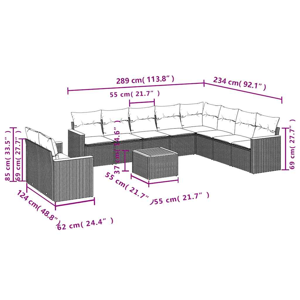 Set Divani da Giardino 11 pz con Cuscini in Polyrattan Nero | homemem39