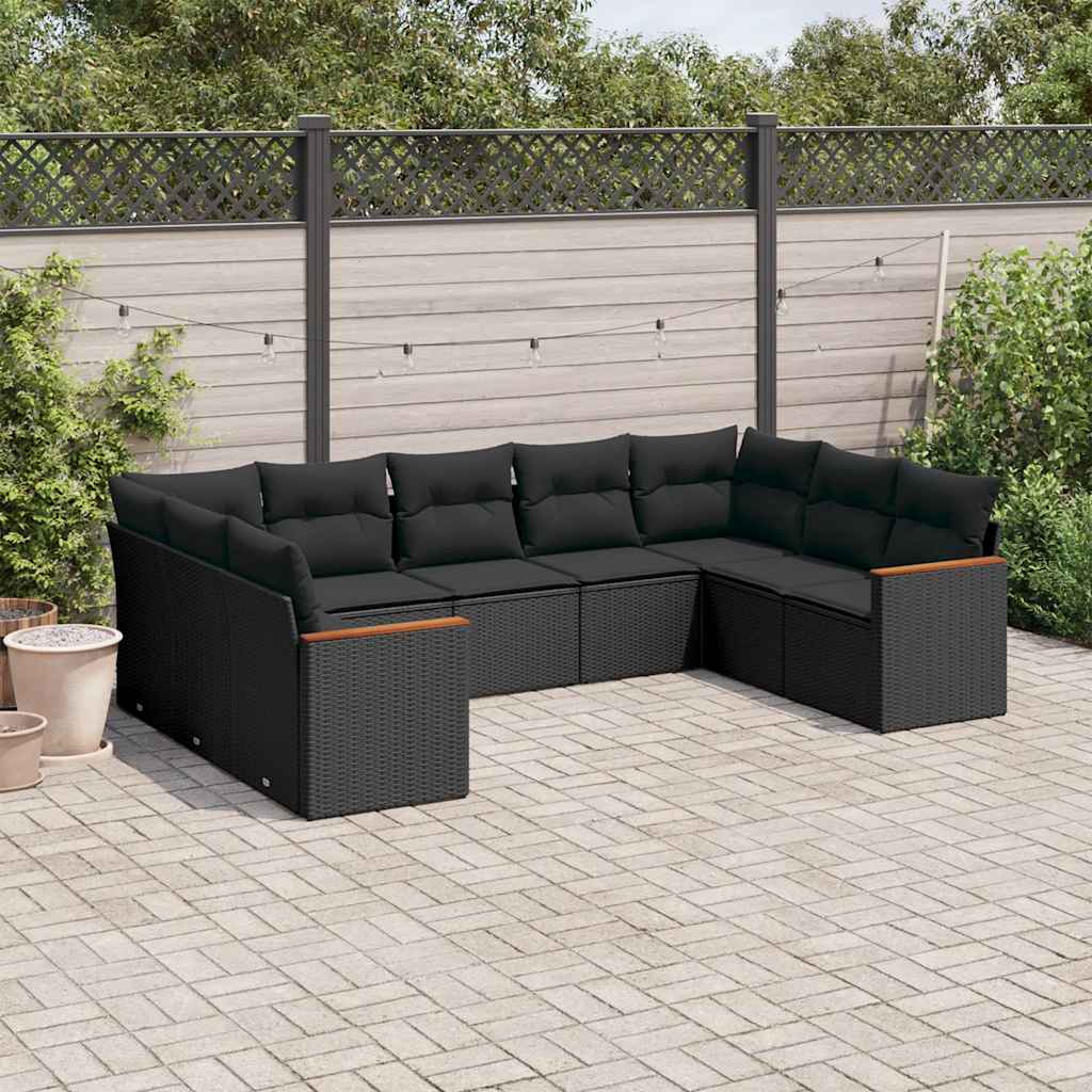 Set Divani da Giardino 9 pz con Cuscini Nero in Polyrattan | homemem39