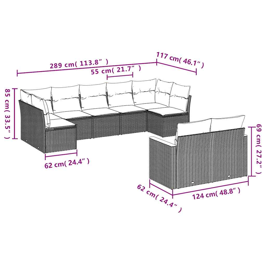 Set Divani da Giardino 9 pz con Cuscini Nero in Polyrattan | homemem39