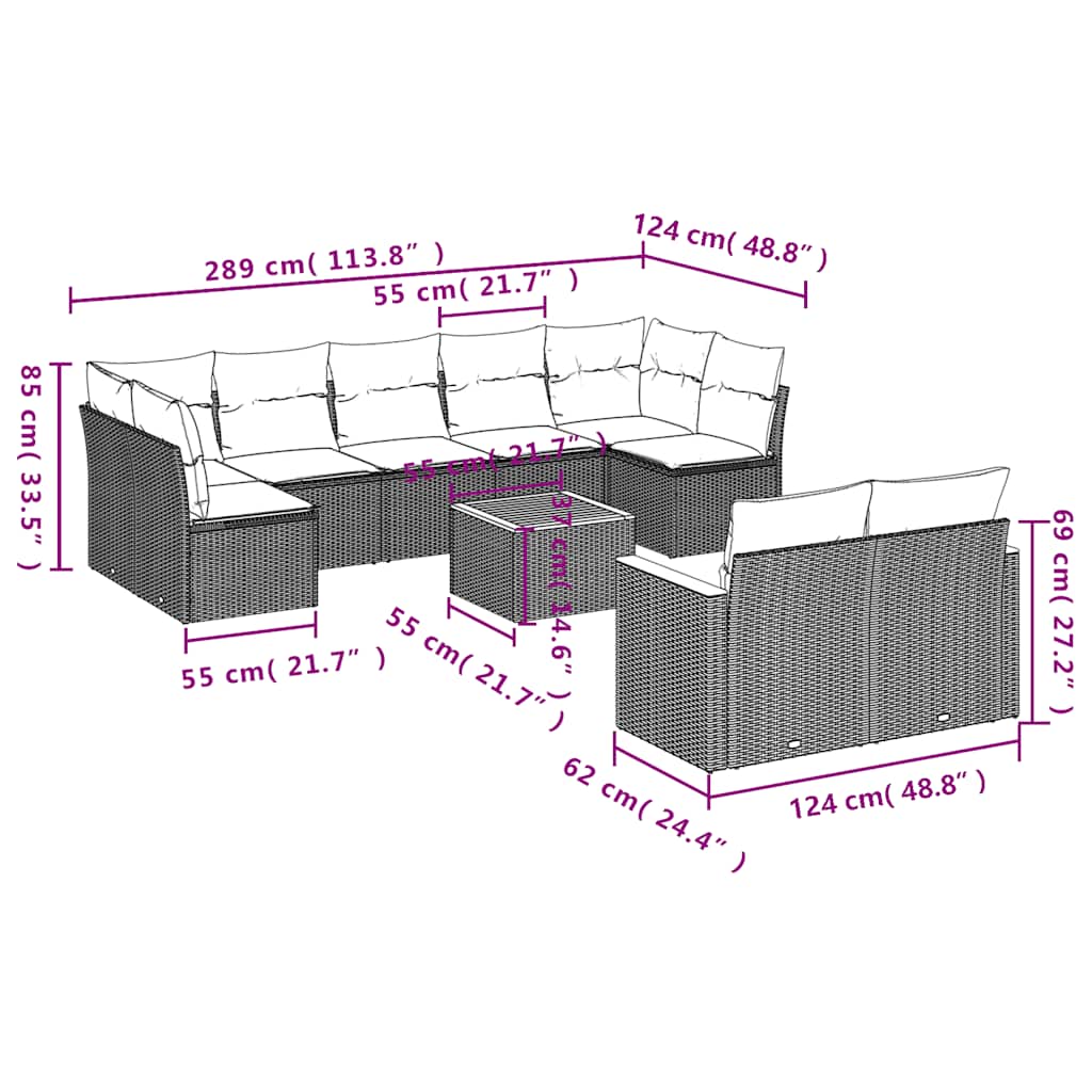 Set Divani da Giardino 10pz con Cuscini in Polyrattan Nero | homemem39