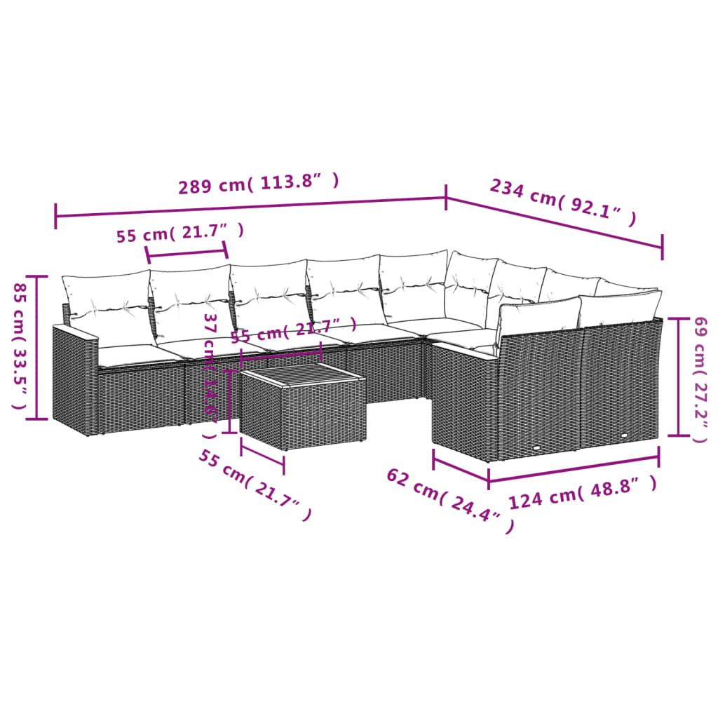 Set Divani da Giardino 10pz con Cuscini in Polyrattan Nero | homemem39