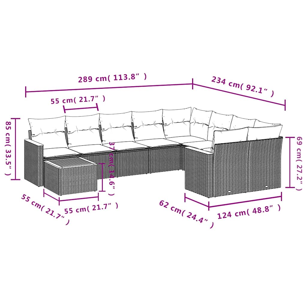 Set Divani da Giardino 10pz con Cuscini in Polyrattan Nero | homemem39