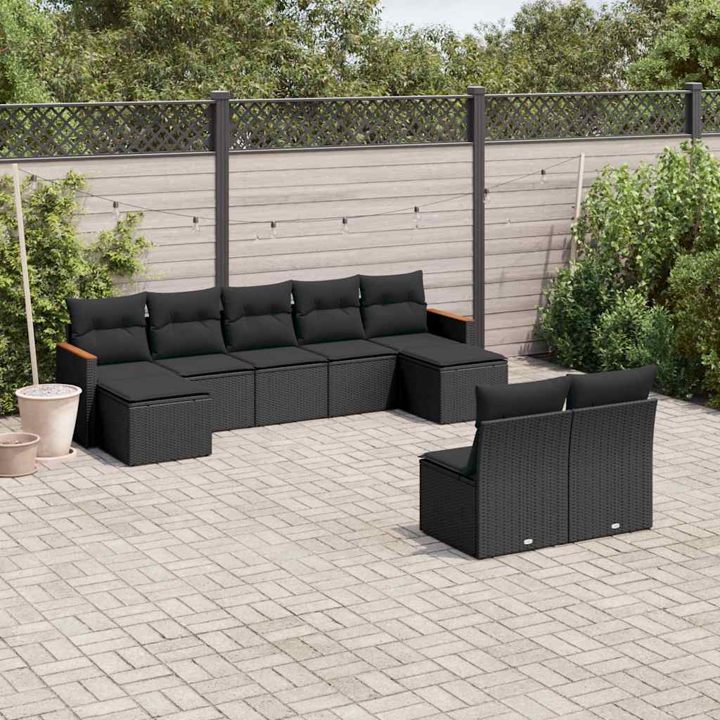 Set Divani da Giardino 9 pz con Cuscini Nero in Polyrattan | homemem39