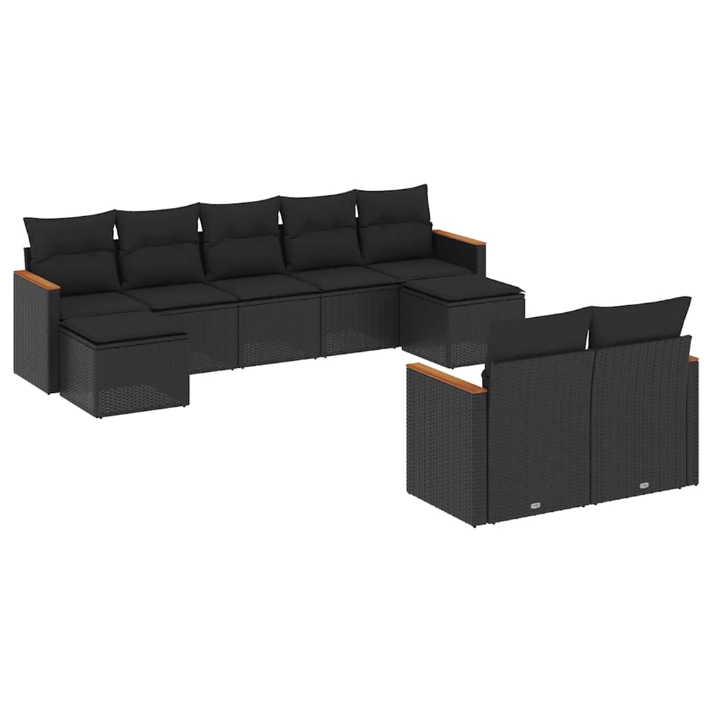 Set Divani da Giardino 9 pz con Cuscini Nero in Polyrattan | homemem39