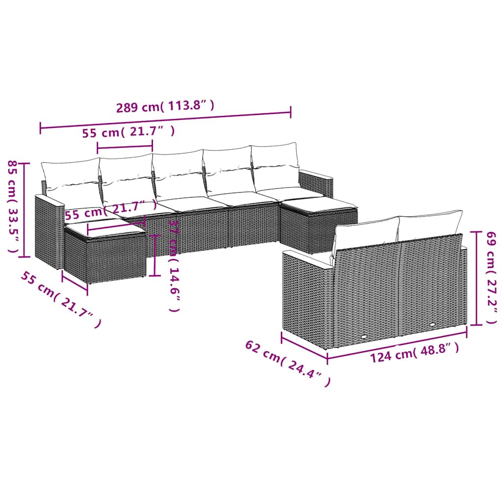 Set Divani da Giardino 9 pz con Cuscini Nero in Polyrattan | homemem39