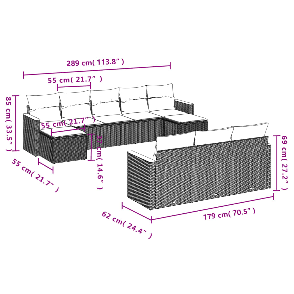 Set Divani da Giardino 10pz con Cuscini in Polyrattan Nero | homemem39