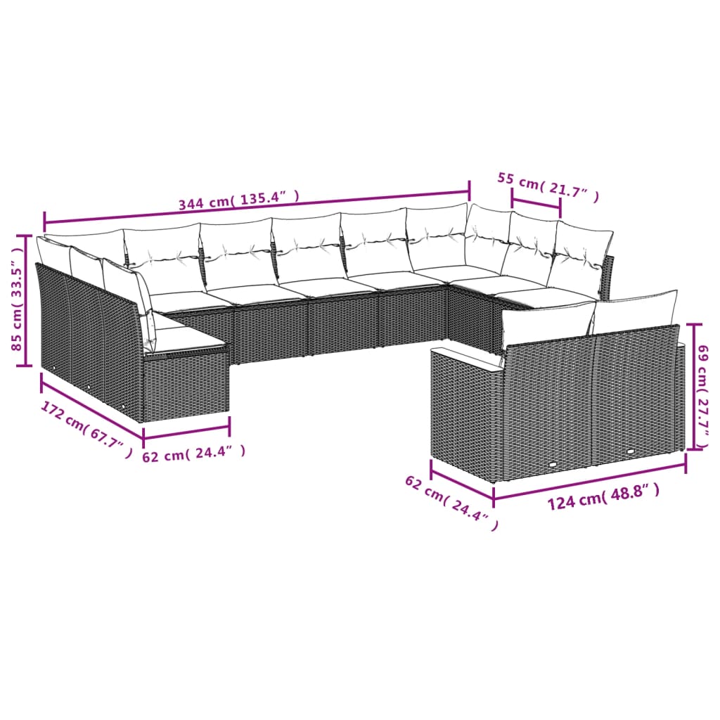 Set Divani da Giardino 12 pz con Cuscini Nero in Polyrattan | homemem39