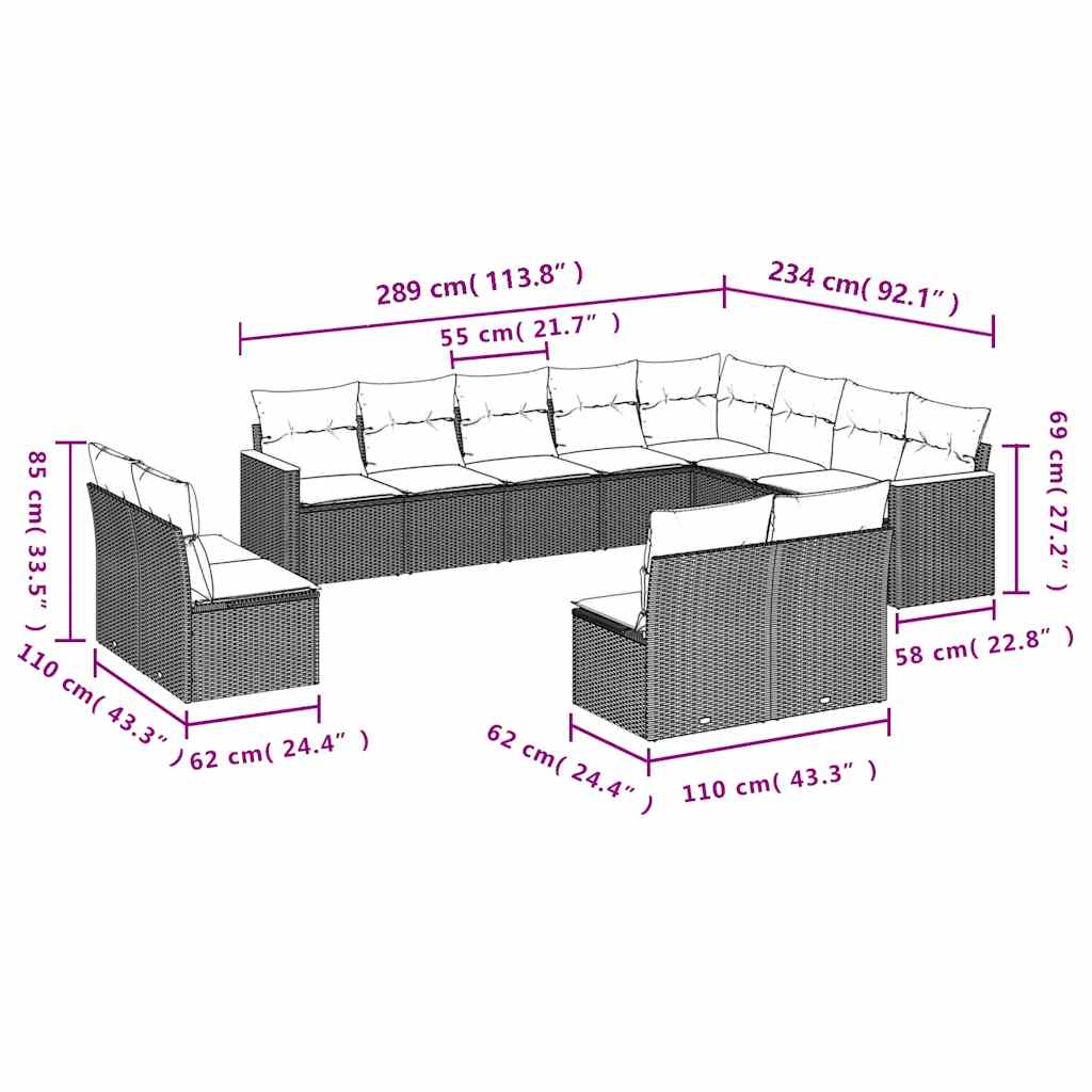 Set Divani da Giardino 12 pz con Cuscini Nero in Polyrattan | homemem39