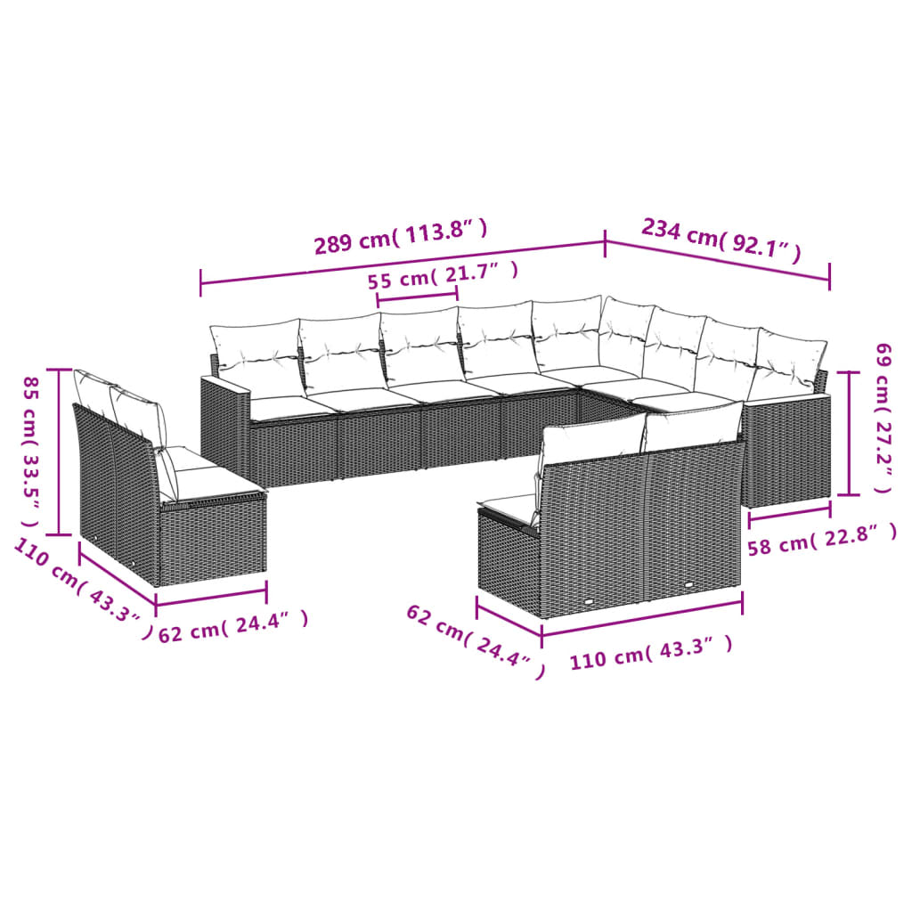 Set Divani da Giardino 12 pz con Cuscini Grigio in Polyrattan - homemem39