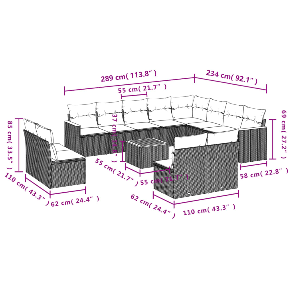 Set Divani da Giardino 13pz con Cuscini Nero in Polyrattan - homemem39