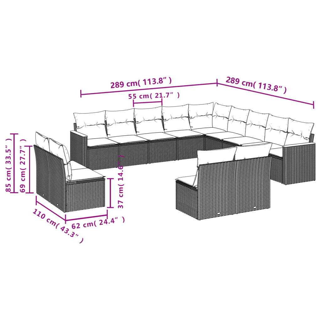 Set Divani da Giardino 13 pz con Cuscini Grigio in Polyrattan | homemem39