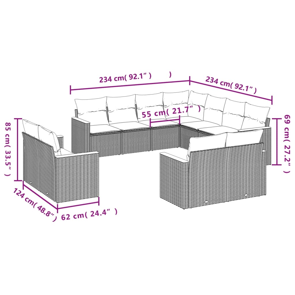 Set Divani da Giardino 11 pz con Cuscini in Polyrattan Grigio | homemem39