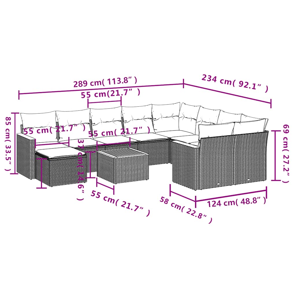 Set Divani da Giardino 11 pz con Cuscini in Polyrattan Nero | homemem39