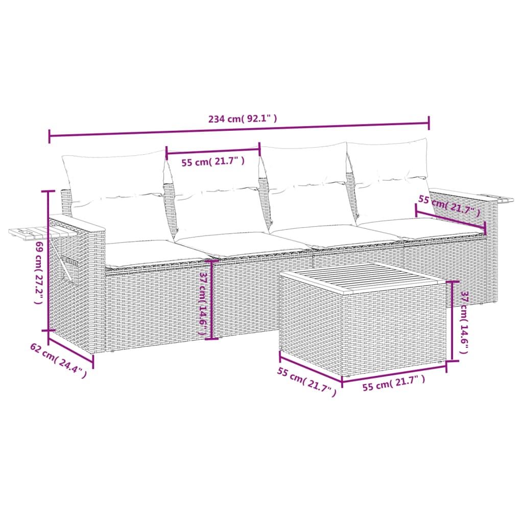 Set Divani da Giardino 5 pz con Cuscini in Polyrattan Nero | homemem39