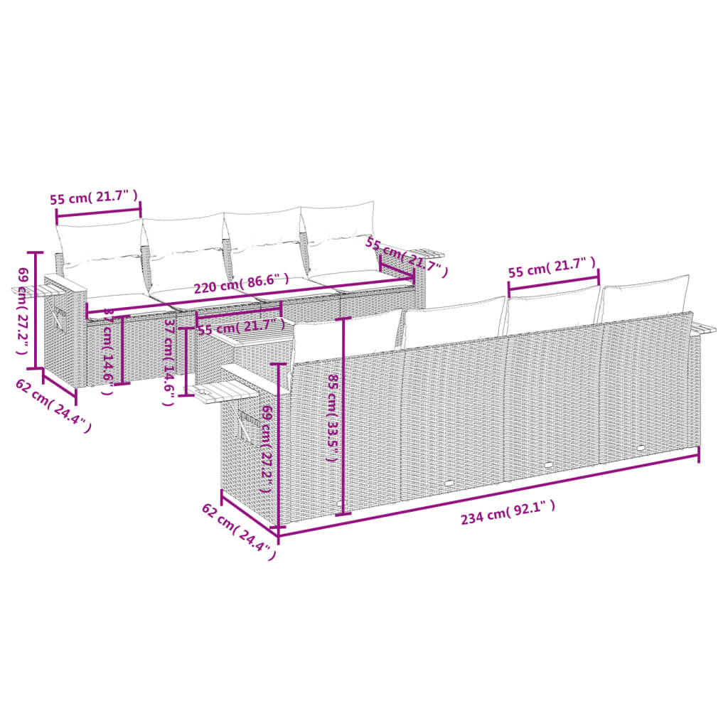 Set Divani da Giardino 9 pz con Cuscini Nero in Polyrattan | homemem39