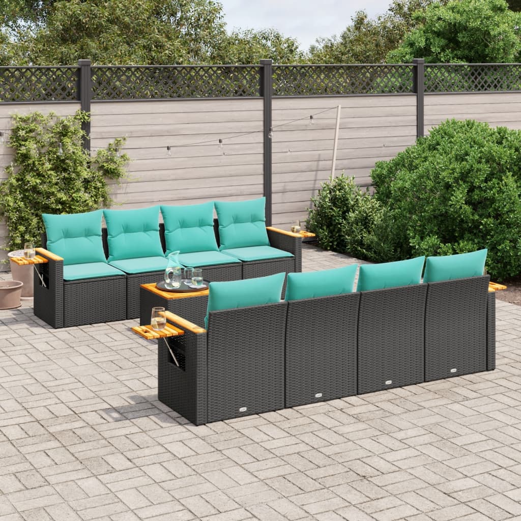 Set Divani da Giardino 9 pz con Cuscini Nero in Polyrattan - homemem39