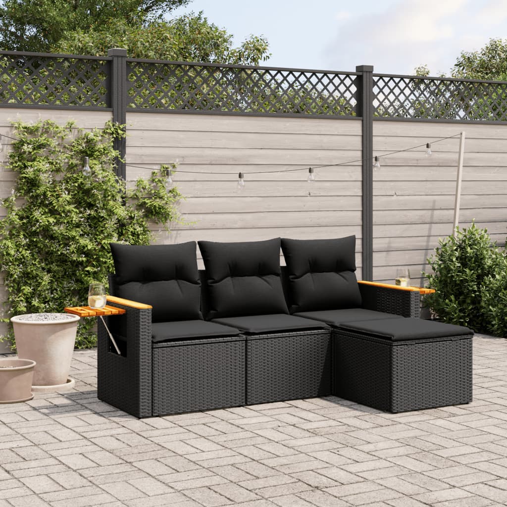 Set Divani da Giardino 4 pz con Cuscini Nero in Polyrattan | homemem39