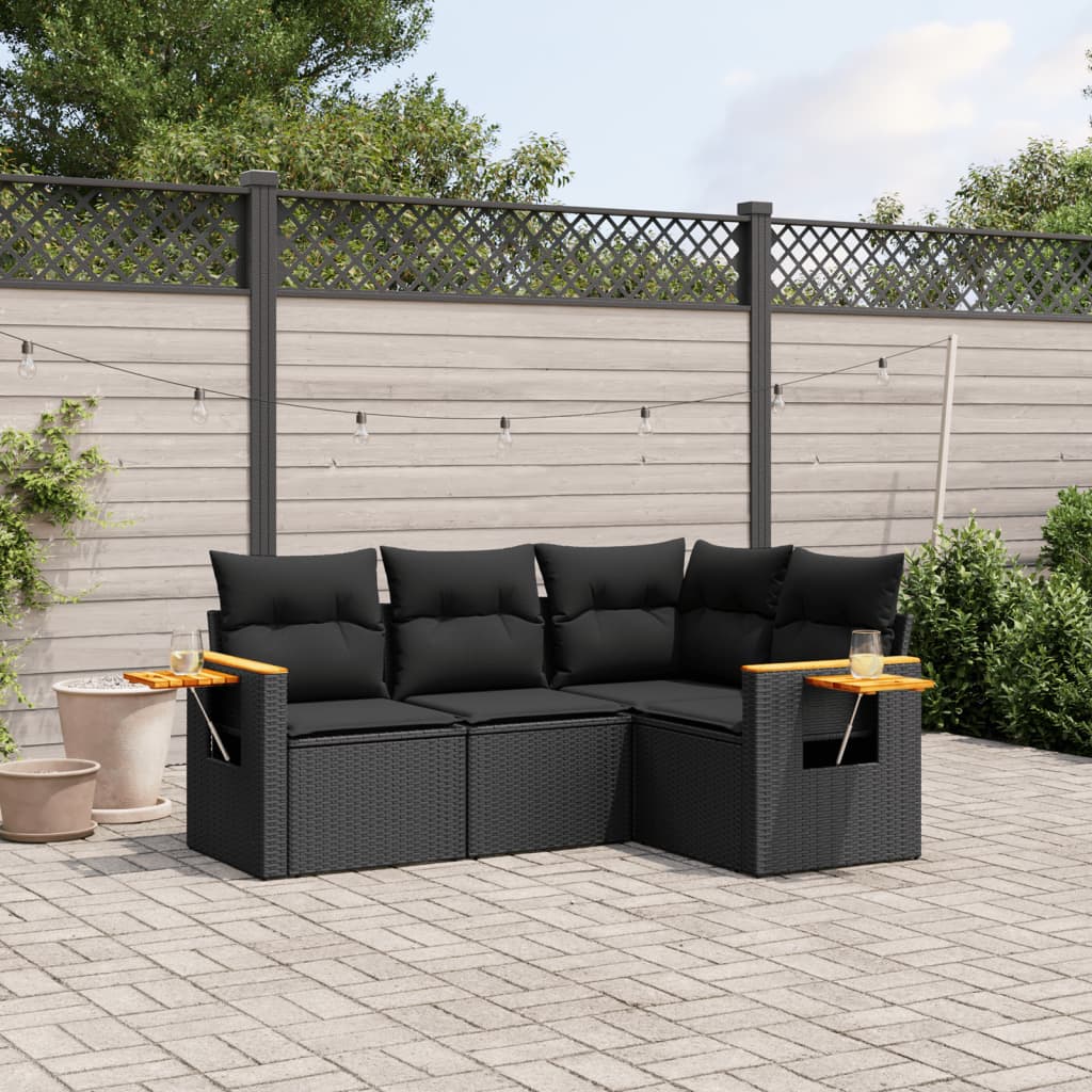 Set Divani da Giardino 4 pz con Cuscini Nero in Polyrattan - homemem39