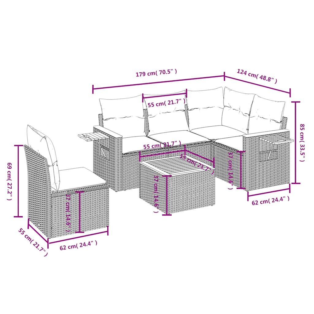Set Divano da Giardino 6 pz con Cuscini Nero in Polyrattan | homemem39