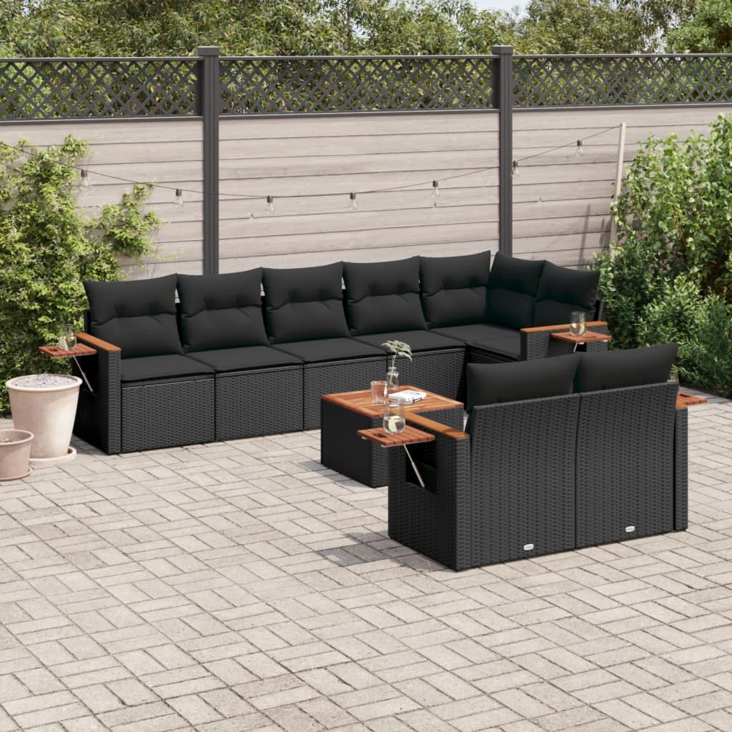 Set Divani da Giardino 9 pz con Cuscini Nero in Polyrattan - homemem39