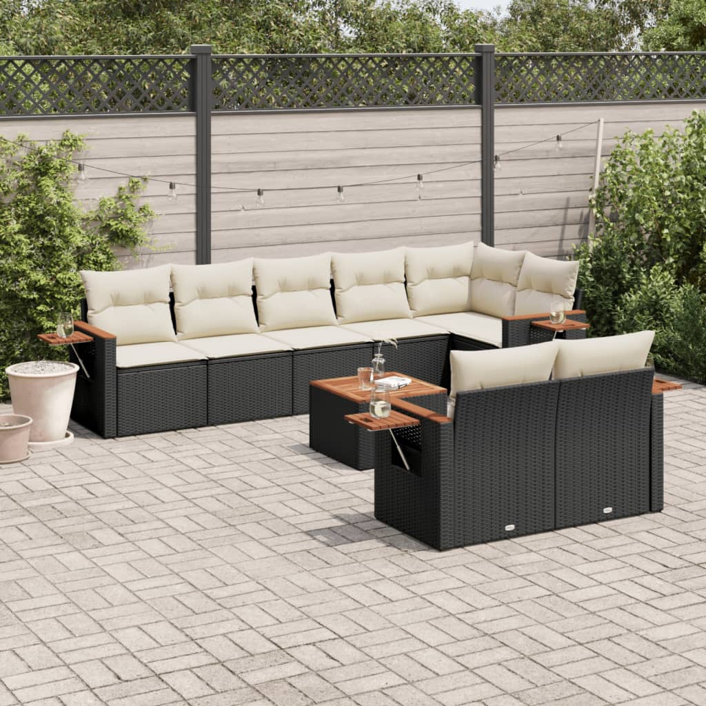 Set Divani da Giardino 9 pz con Cuscini Nero in Polyrattan - homemem39