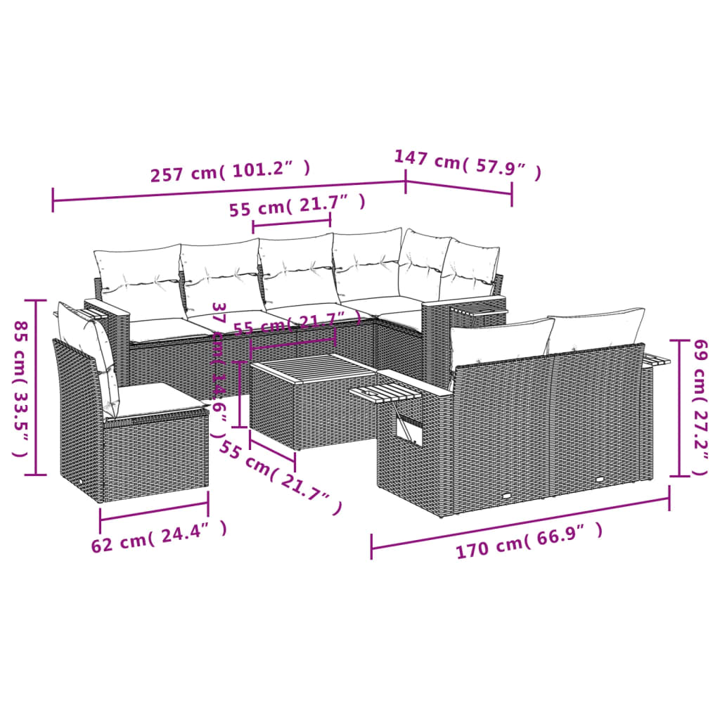 Set Divani da Giardino 9 pz con Cuscini Nero in Polyrattan - homemem39
