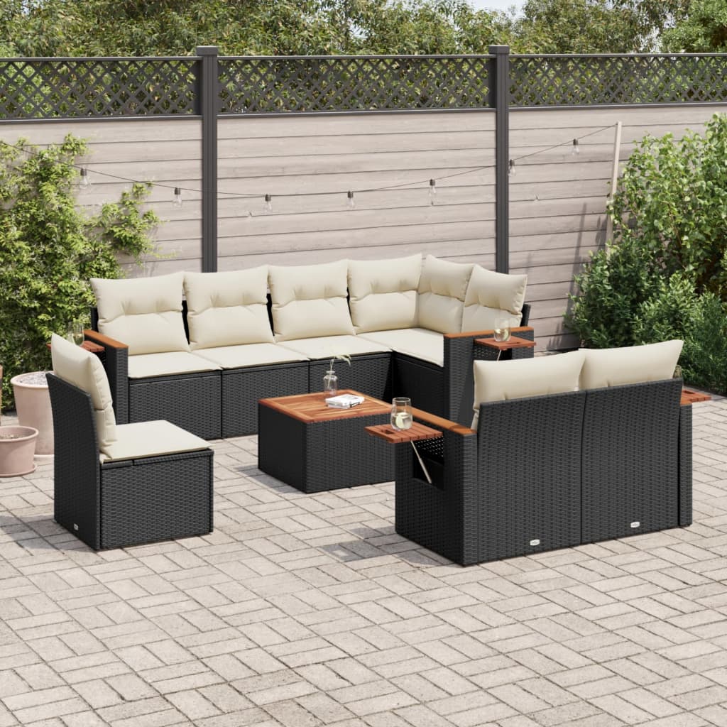 Set Divani da Giardino 9 pz con Cuscini Nero in Polyrattan - homemem39