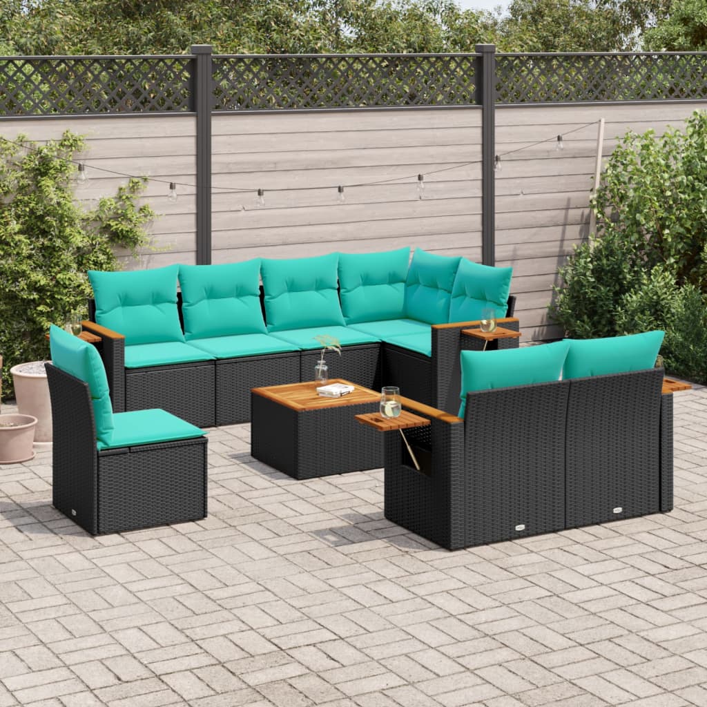 Set Divani da Giardino 9 pz con Cuscini Nero in Polyrattan - homemem39