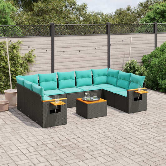 Set Divani da Giardino 10 pz con Cuscini Nero in Polyrattan - homemem39