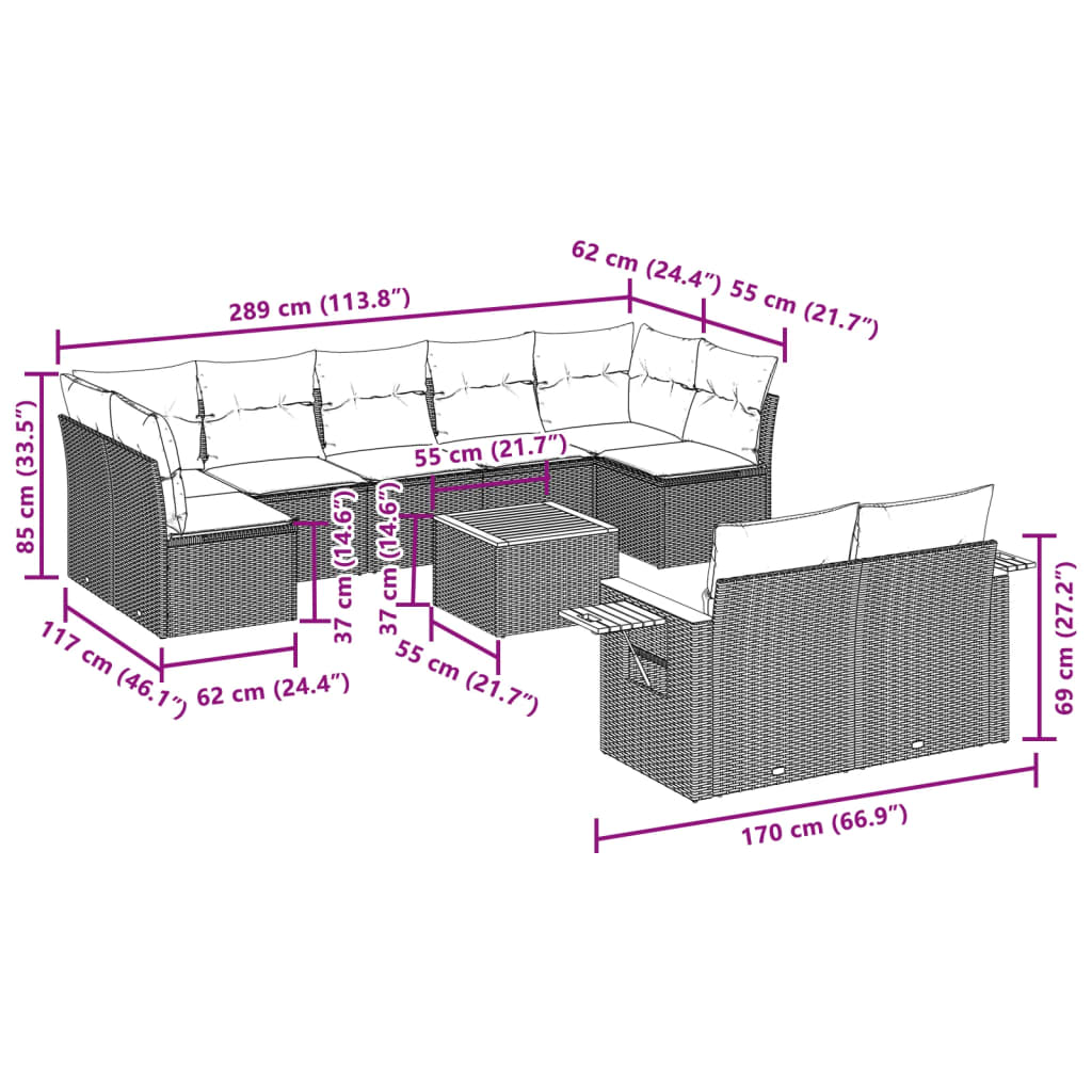 Set Divani da Giardino 10pz con Cuscini in Polyrattan Nero | homemem39