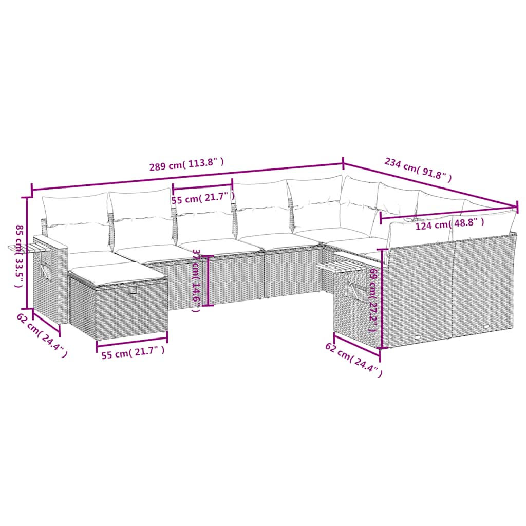 Set Divani da Giardino 10pz con Cuscini in Polyrattan Nero | homemem39