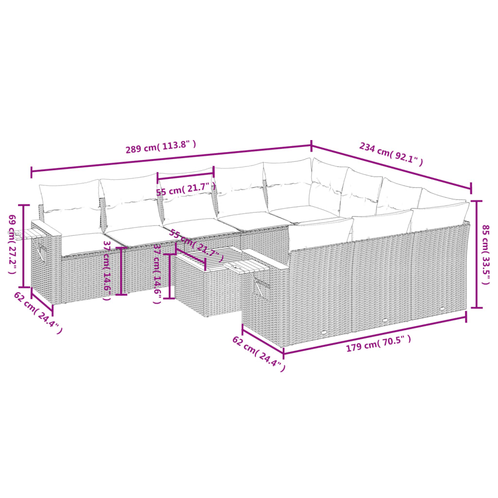 Set Divani da Giardino 11 pz con Cuscini in Polyrattan Grigio | homemem39